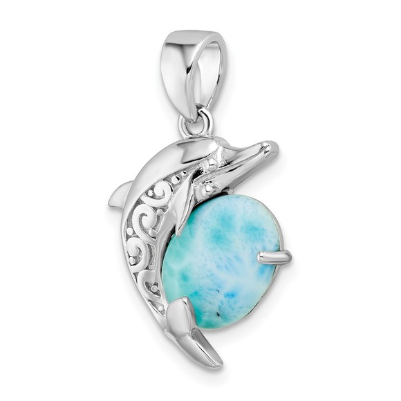 925 Sterling Silver Filigree Dolphin Nautical Larimar Necklace Charm Pendant - Picture 7 of 8